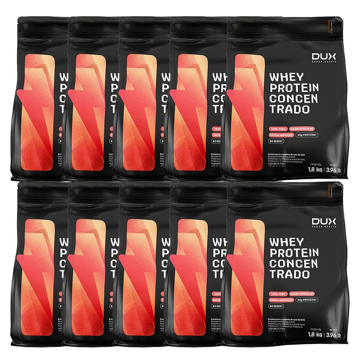 Kit 10X Whey Protein Concentrado - 1800g Refil Cappuccino - Dux Nutrition