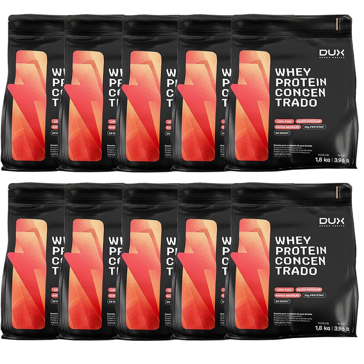 Kit 10X Whey Protein Concentrado - 1800g Refil Chocolate Branco - Dux Nutrition