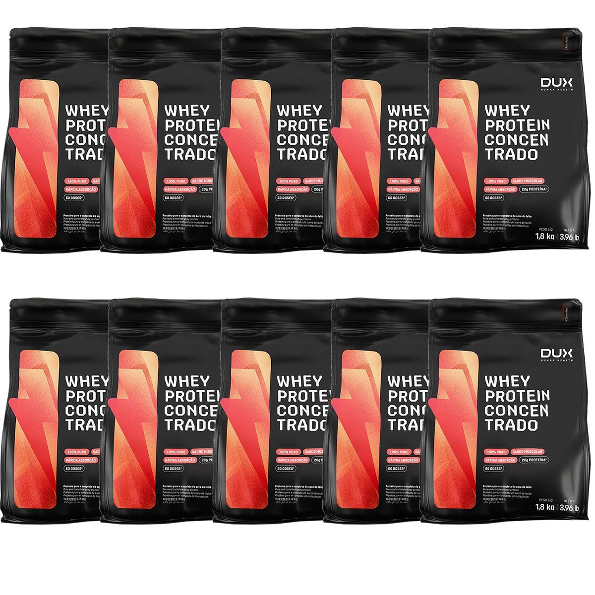 Kit 10X Whey Protein Concentrado - 1800g Refil Chocolate - Dux Nutrition