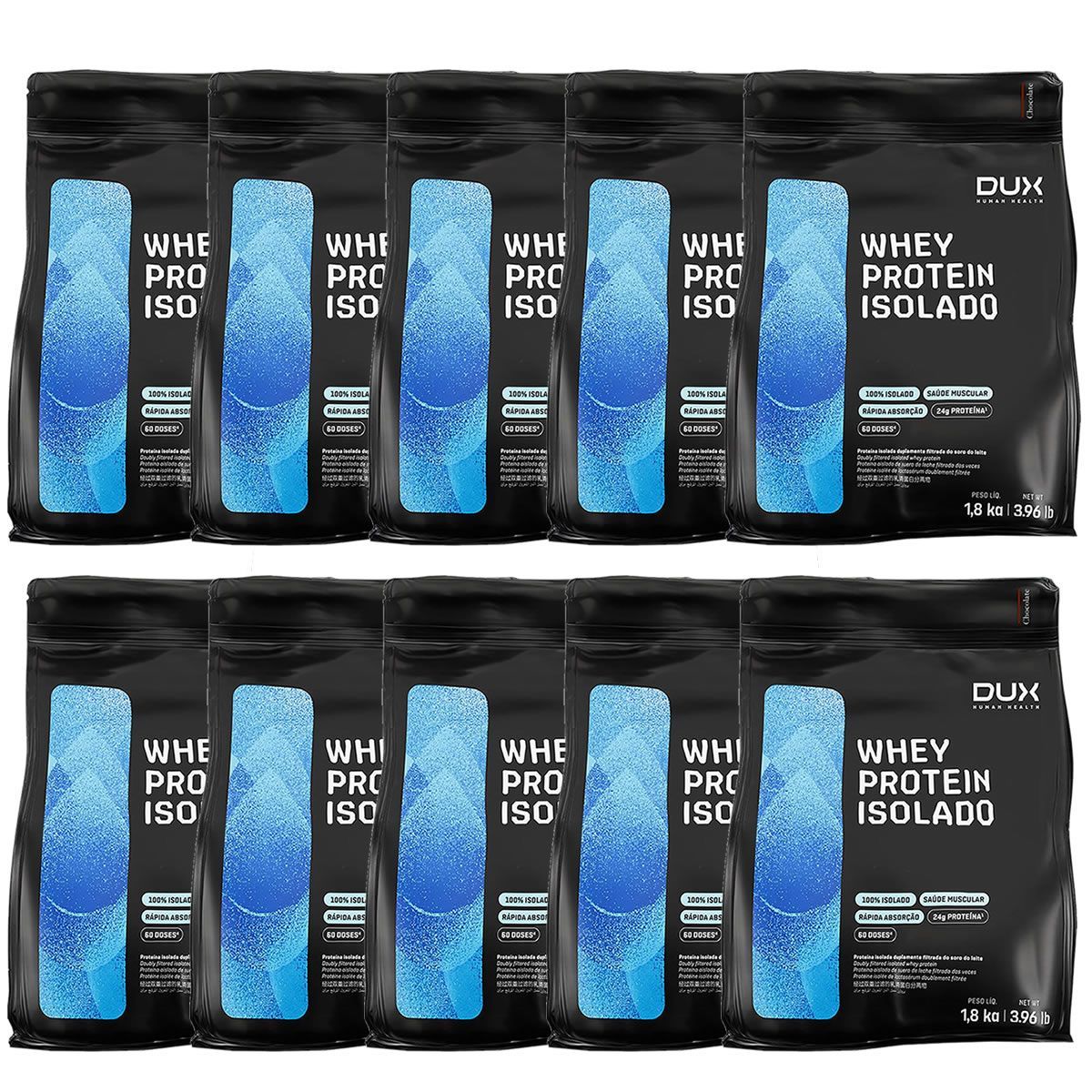 Kit 10X Whey Protein Isolado - 1800g Refil Chocolate - Dux Nutrition