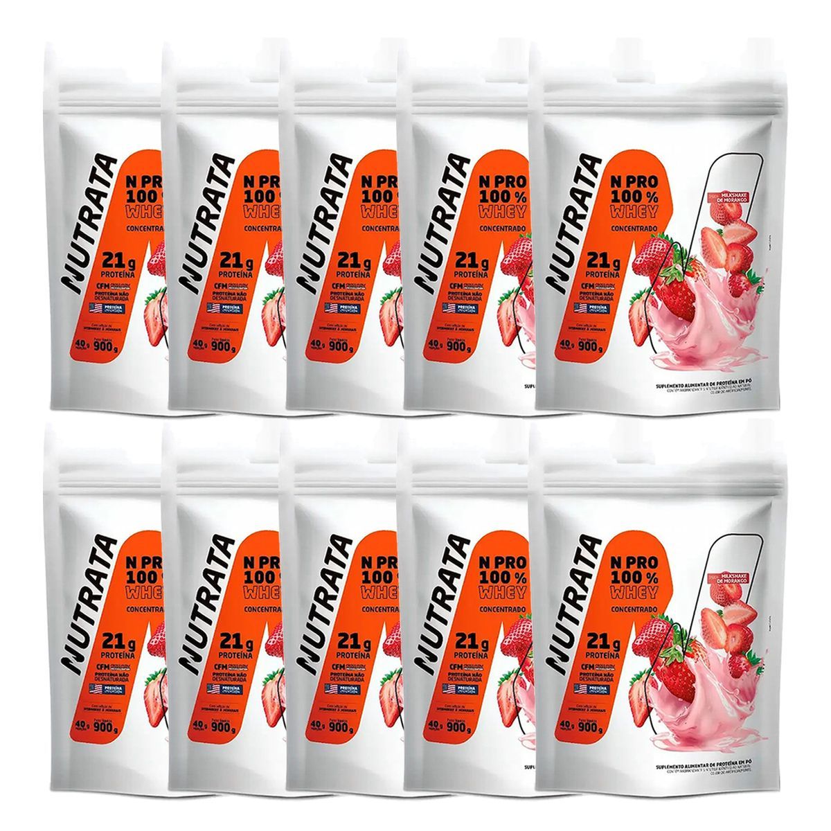 Kit 10X Whey Protein Npro - 900g Refil Morango - Nutrata