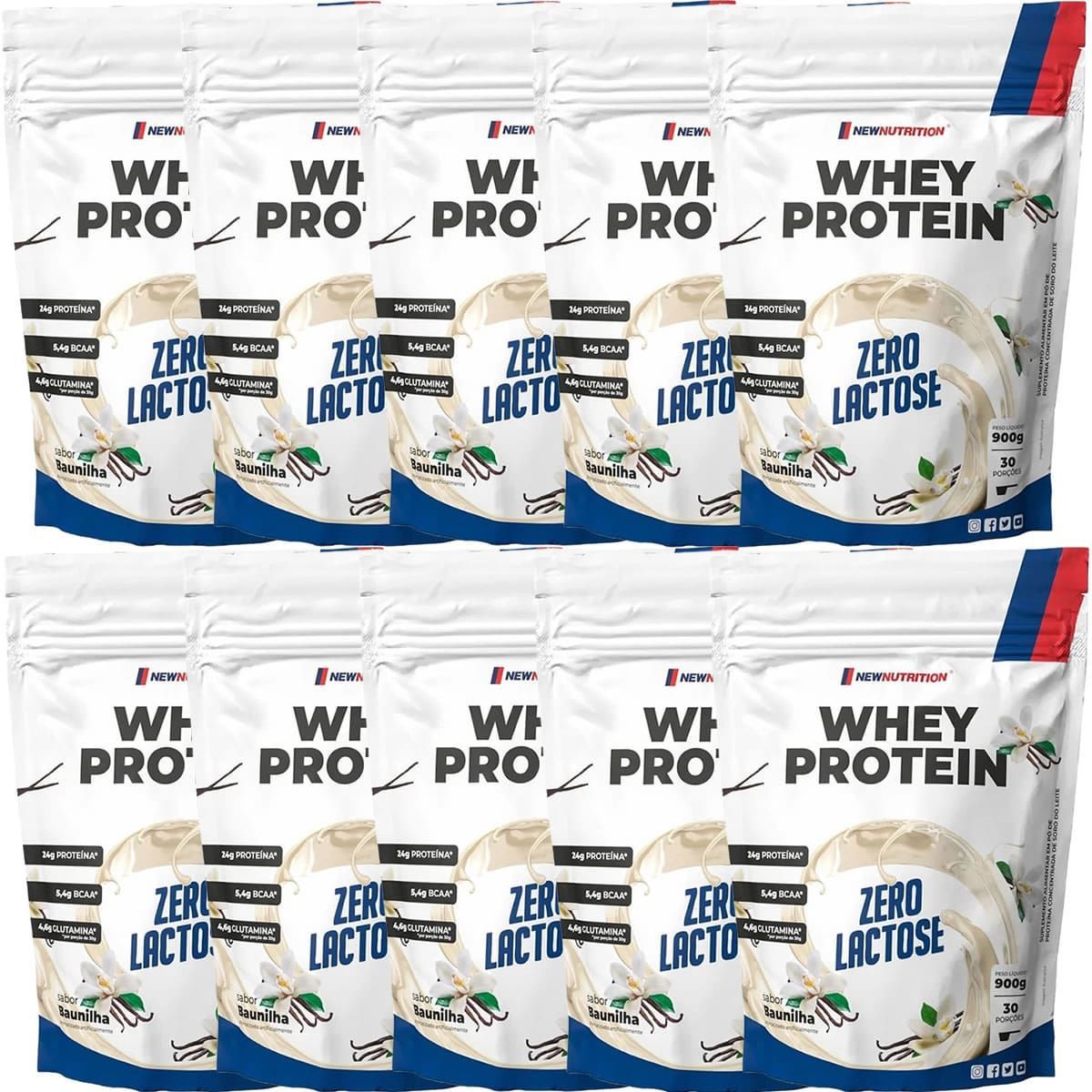 Kit 10X Whey Protein Zero Lactose - 900g Refil Baunilha - NewNutrition