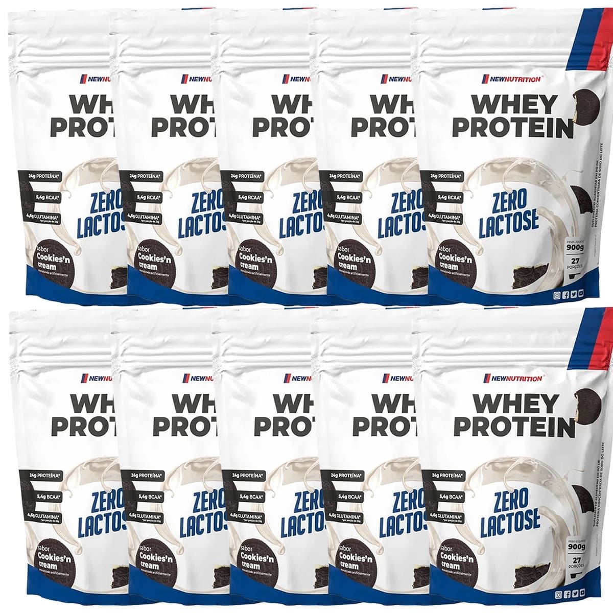 Kit 10X Whey Protein Zero Lactose - 900g Refil Cookies and Cream - NewNutrition