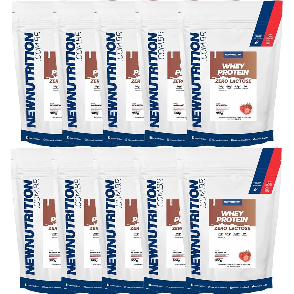 Kit 10X Whey Protein Zero Lactose - 900g Refil Morango - NewNutrition