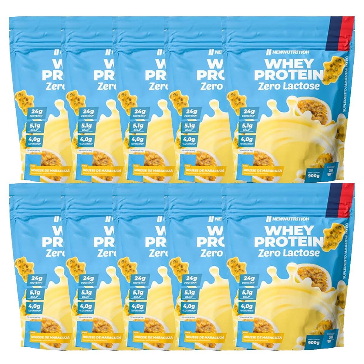 Kit 10X Whey Protein Zero Lactose - 900g Refil Mousse de Maracuja - NewNutrition
