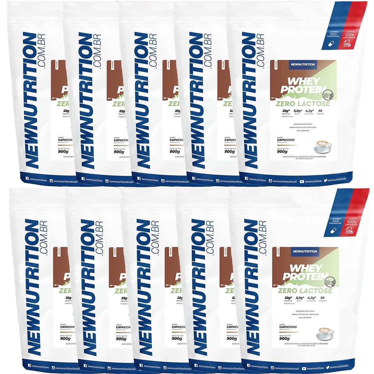 Kit 10X Whey Protein Zero Lactose All Natural - 900g Refil Cappuccino - NewNutrition