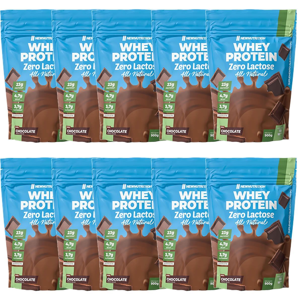 Kit 10X Whey Protein Zero Lactose All Natural - 900g Refil Chocolate - NewNutrition