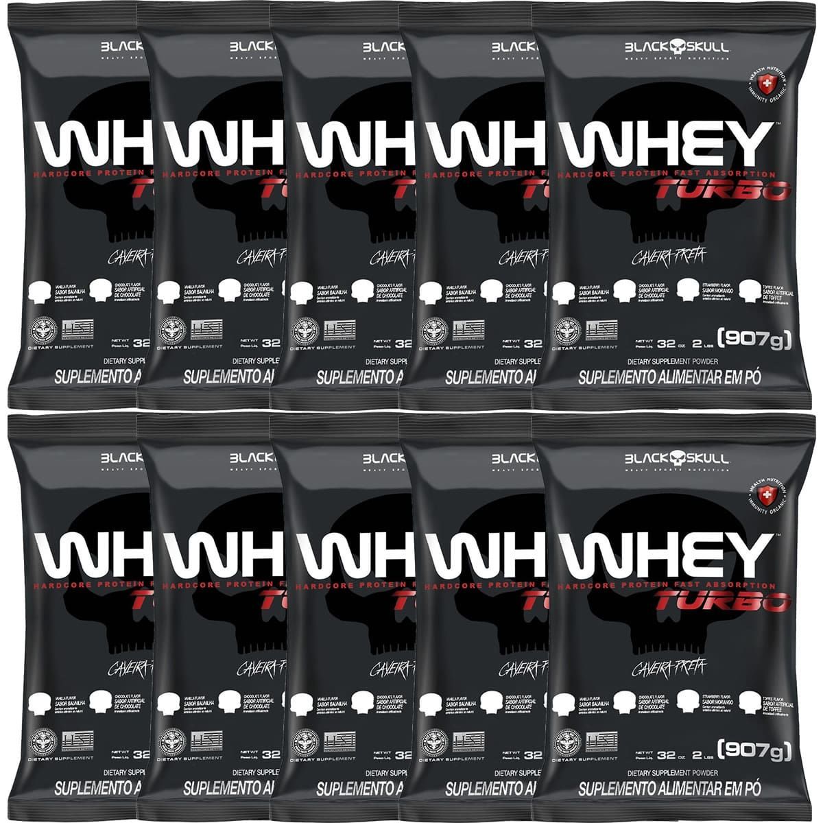 Kit 10X Whey Turbo - 907g Refil Baunilha - Black Skull