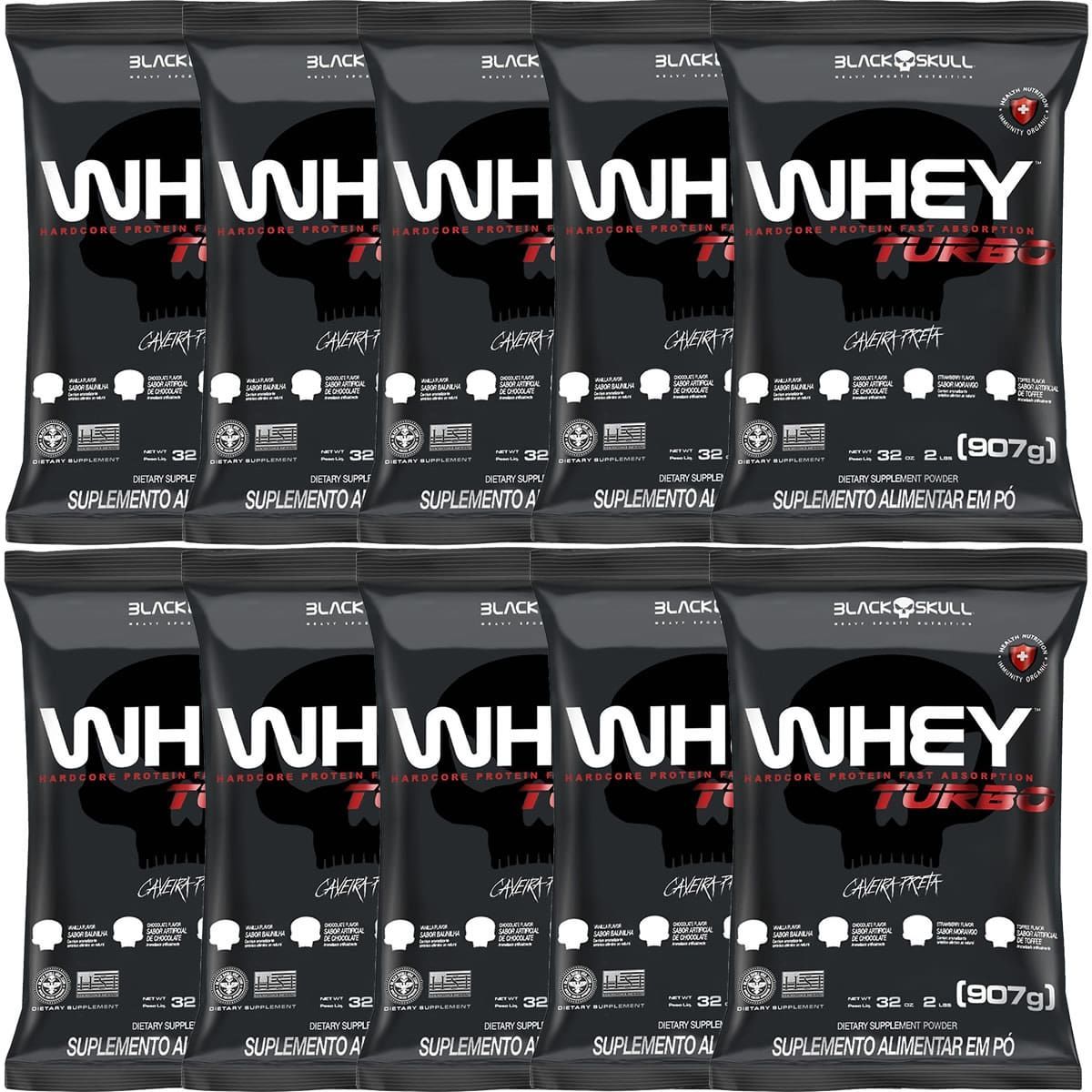 Kit 10X Whey Turbo - 907g Refil Chocolate - Black Skull