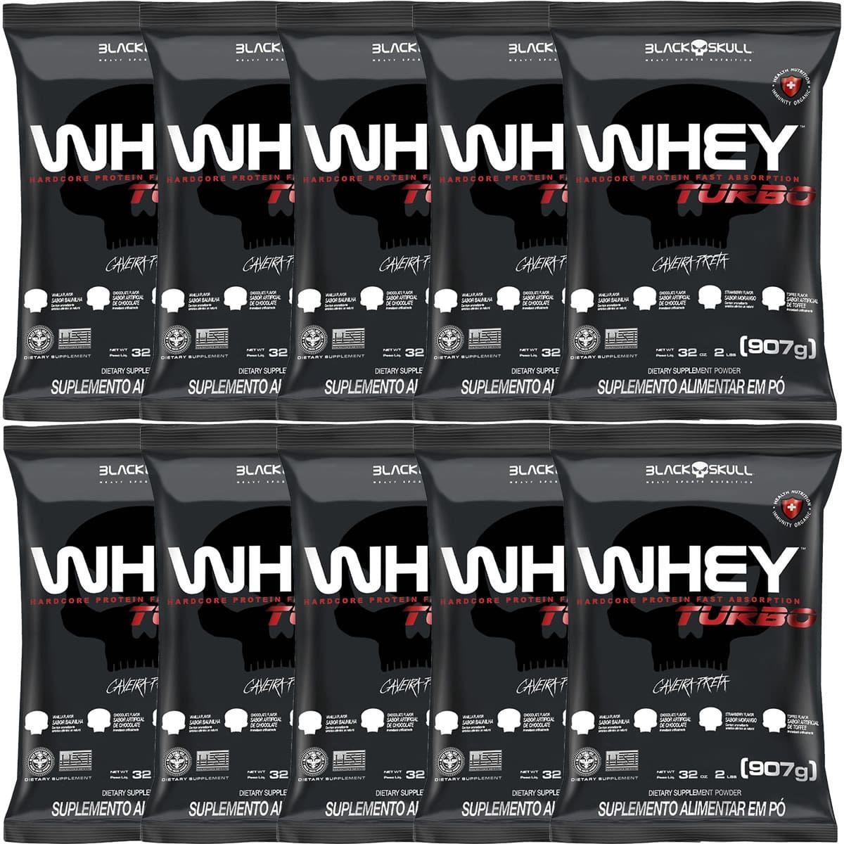 Kit 10X Whey Turbo - 907g Refil Morango - Black Skull