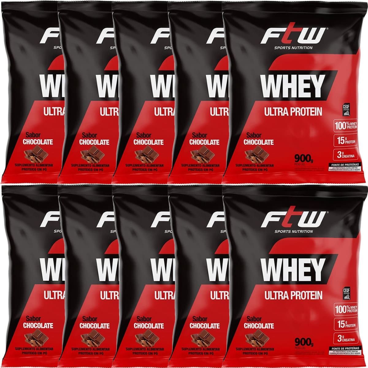 Kit 10X Whey Ultra Protein - 900g Refil Chocolate - FTW