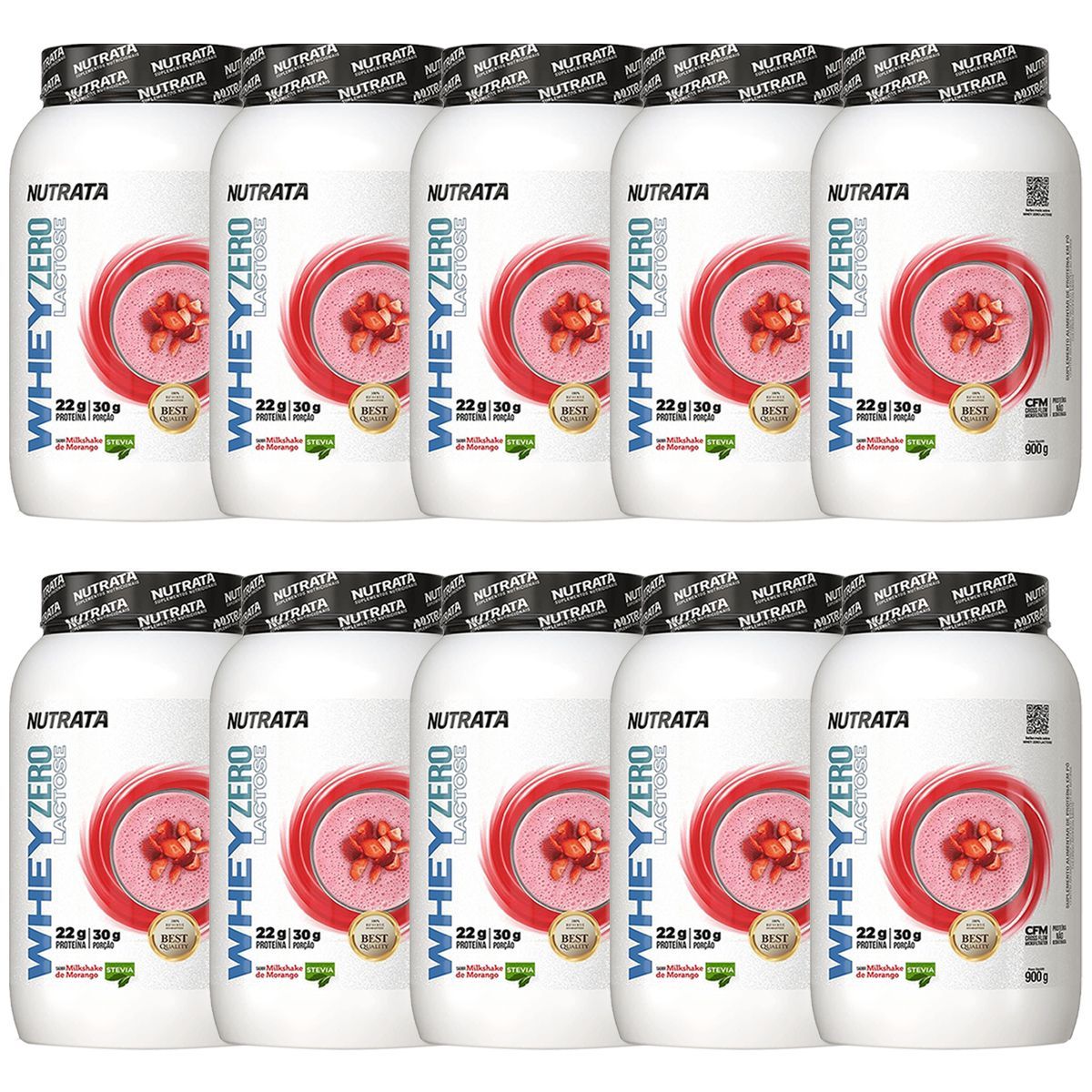 Kit 10X Whey Zero Lactose - 900g Morango - Nutrata