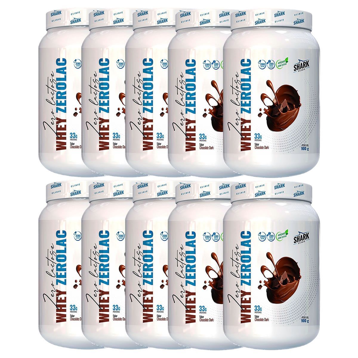 Kit 10X Whey ZeroLac - 900g Chocolate Dark - Shark Clinic