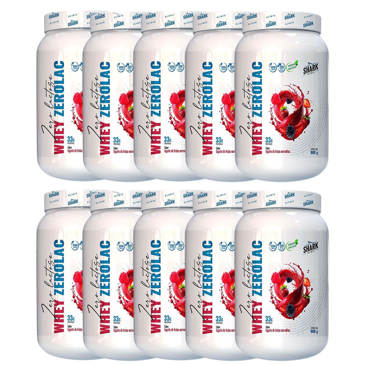 Kit 10X Whey ZeroLac - 900g Iogurte de Frutas Vermelhas  - Shark Clinic