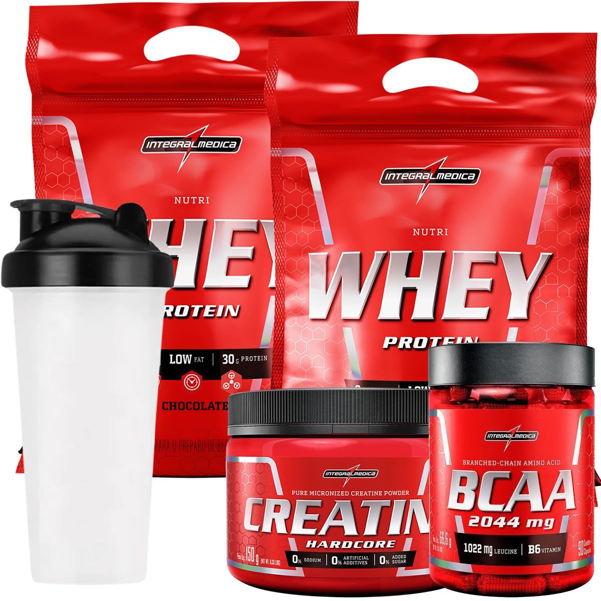 Kit 2 Nutri Whey Refil Chocolate 907g +1 Amino Bcaa 2044mg 90 C�psulas +1 Creatina 150g + 1 Coqueteleira  Integralm�dica