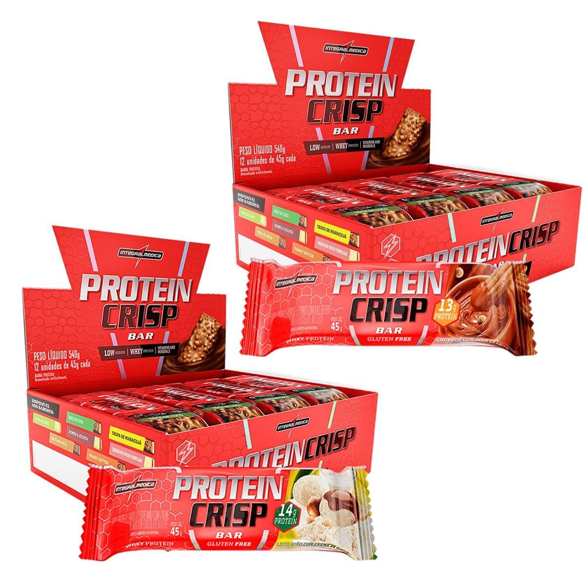 Kit 2 Protein Crisp Bar - 12 Unidades 45g Leite Nino + 12 Unidades 45g Churros - IntegralM�dica