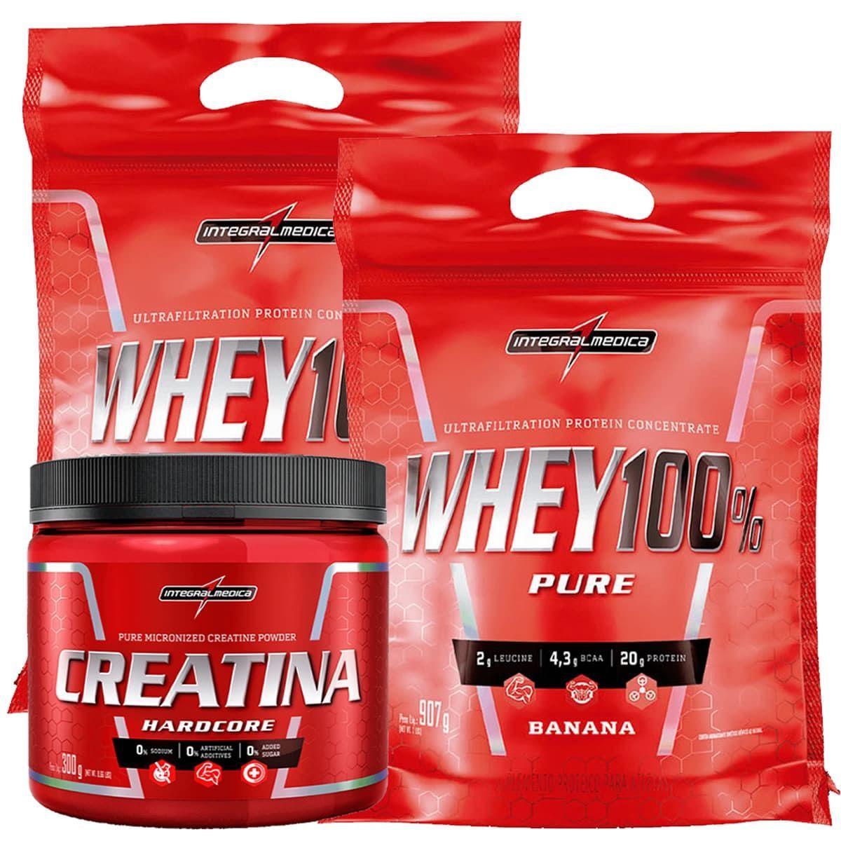 Kit 2 Whey 100% Pure 907g Refil Banana + 1Creatina Hardcore Reload 300g - IntegralM�dica