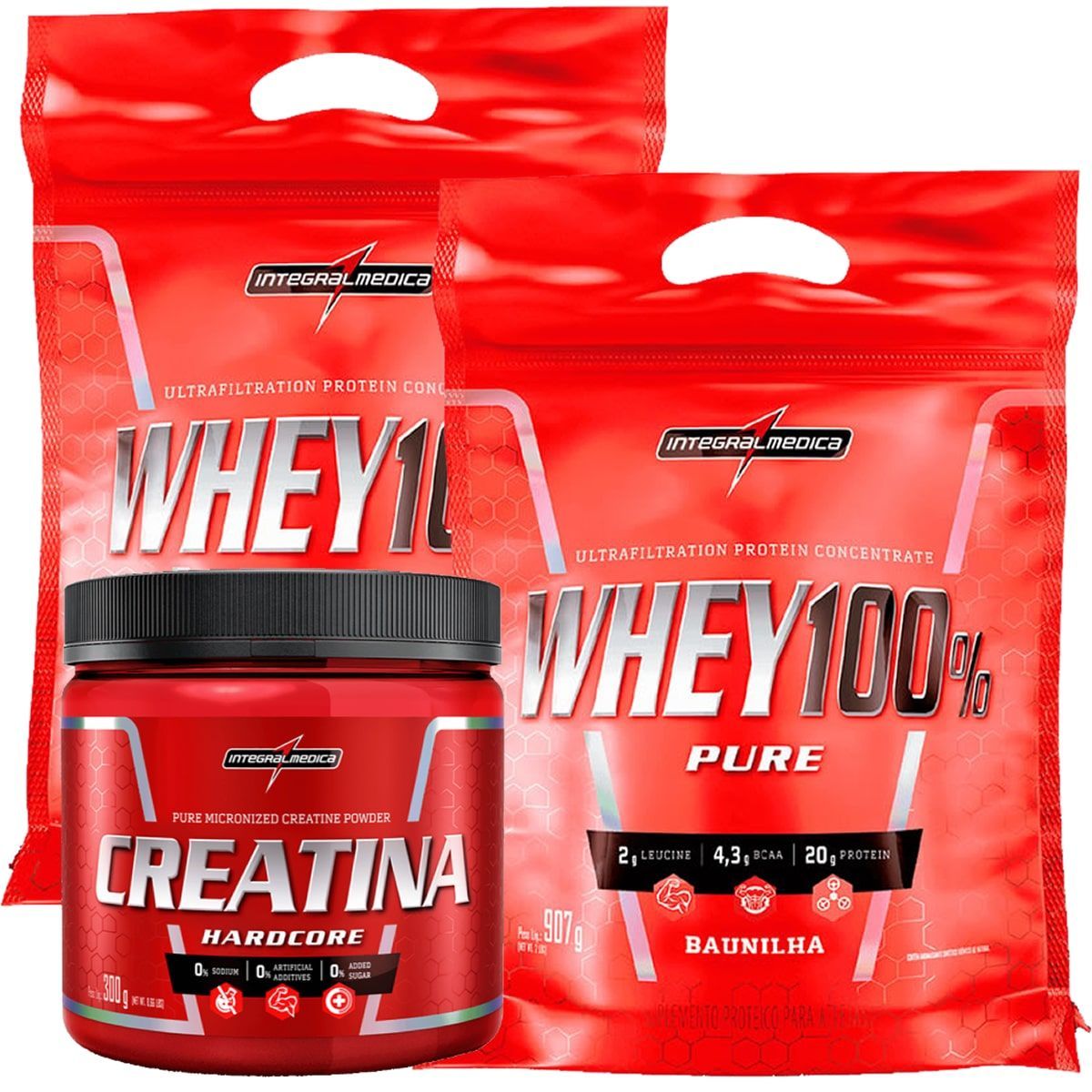 Kit 2 Whey 100% Pure 907g Refil Baunilha + 1Creatina Hardcore Reload 300g - IntegralM�dica