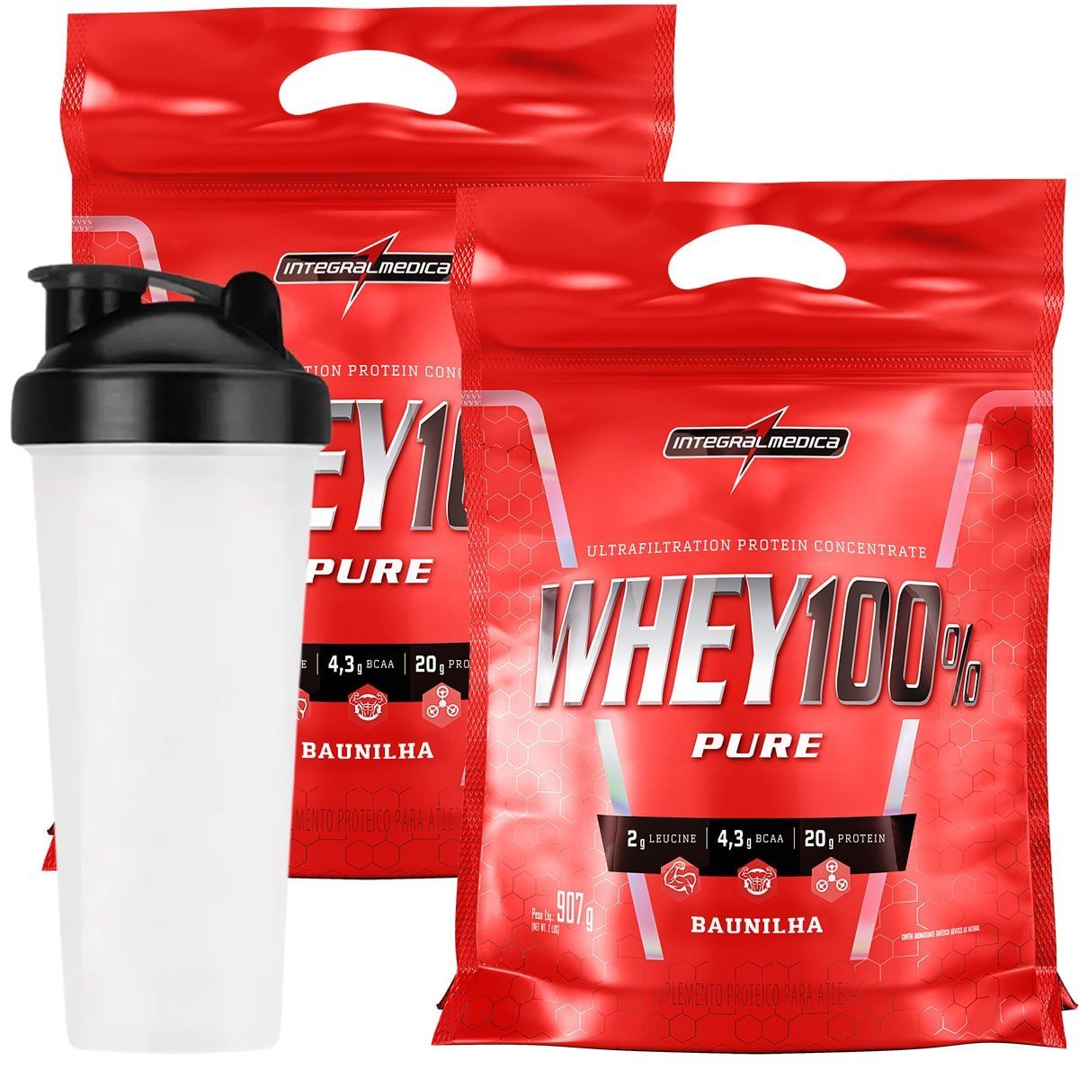 Kit 2 Whey 100% Pure - 907g Refil Baunilha + Coqueteleira - IntegralM�dica