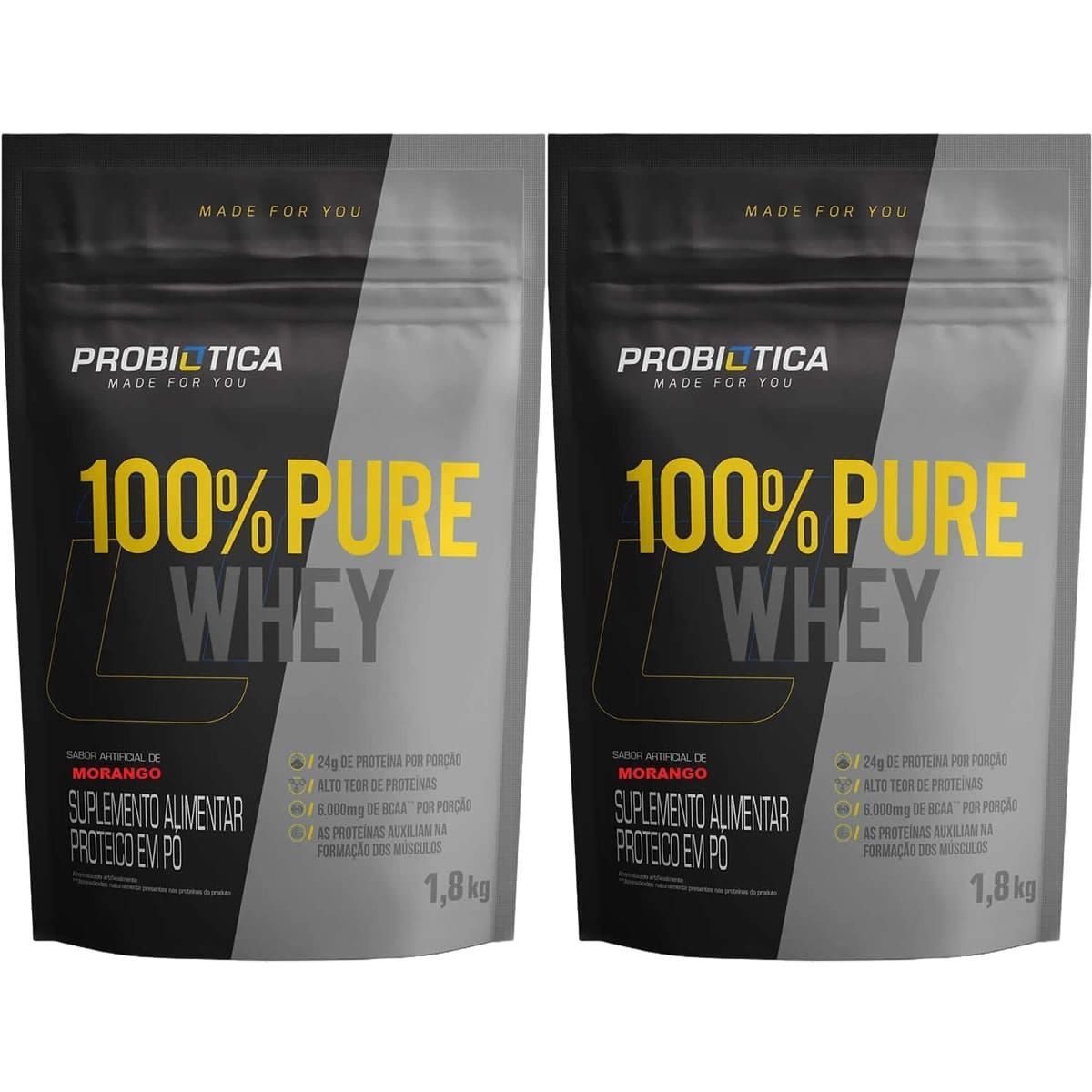 Kit 2X 100% Pure Whey - 1800g Refil Morango - Probiotica