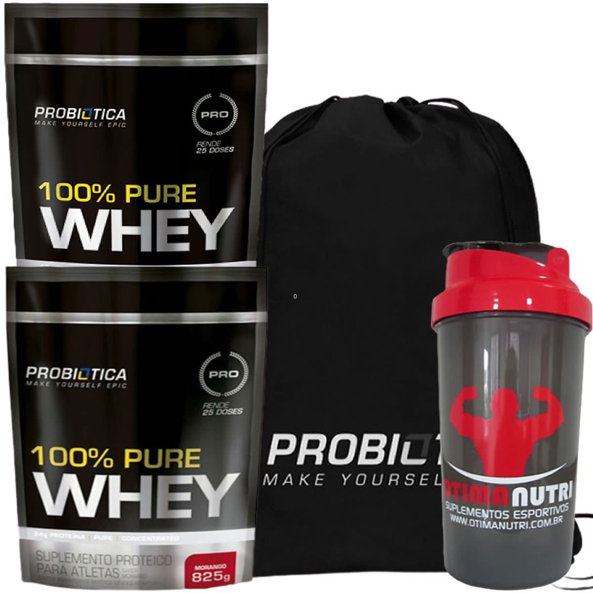 Kit 2X 100% Pure Whey - 825g Morango + Mochila + Coqueteleira - Probi�tica