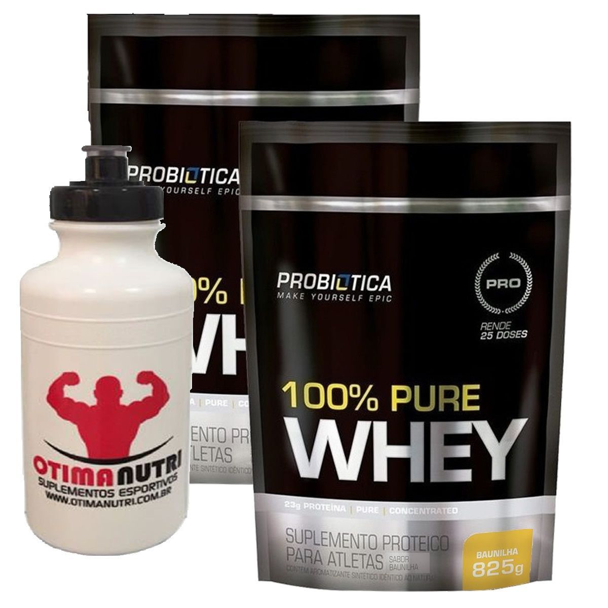 Kit 2X 100% Pure Whey - 825g Refil Baunilha - Probiotica + 	Squeeze - 500ml Branca - OtimaNutri