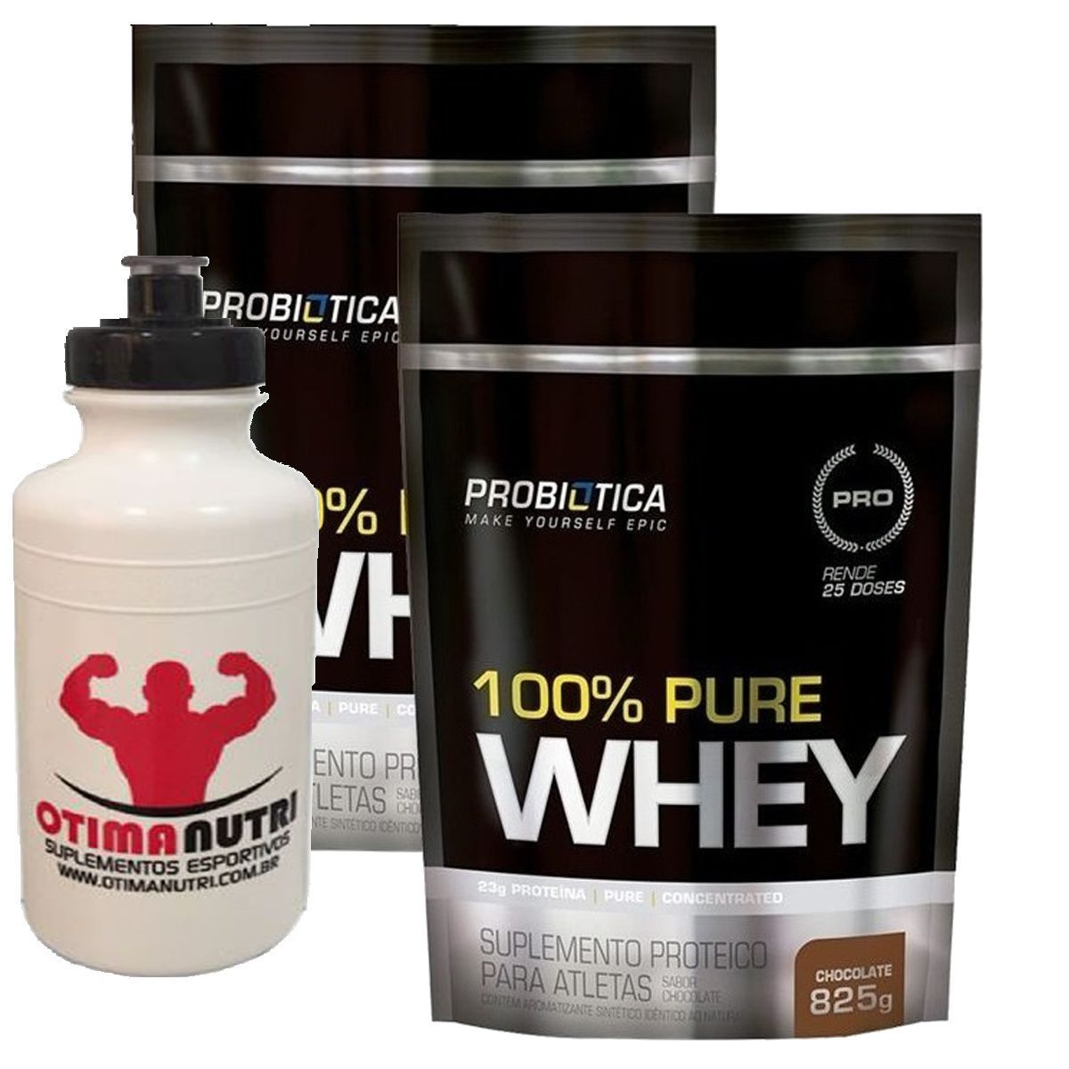 Kit 2X 100% Pure Whey - 825g Refil Chocolate - Probiotica + Squeeze - 500ml Branca - OtimaNutri