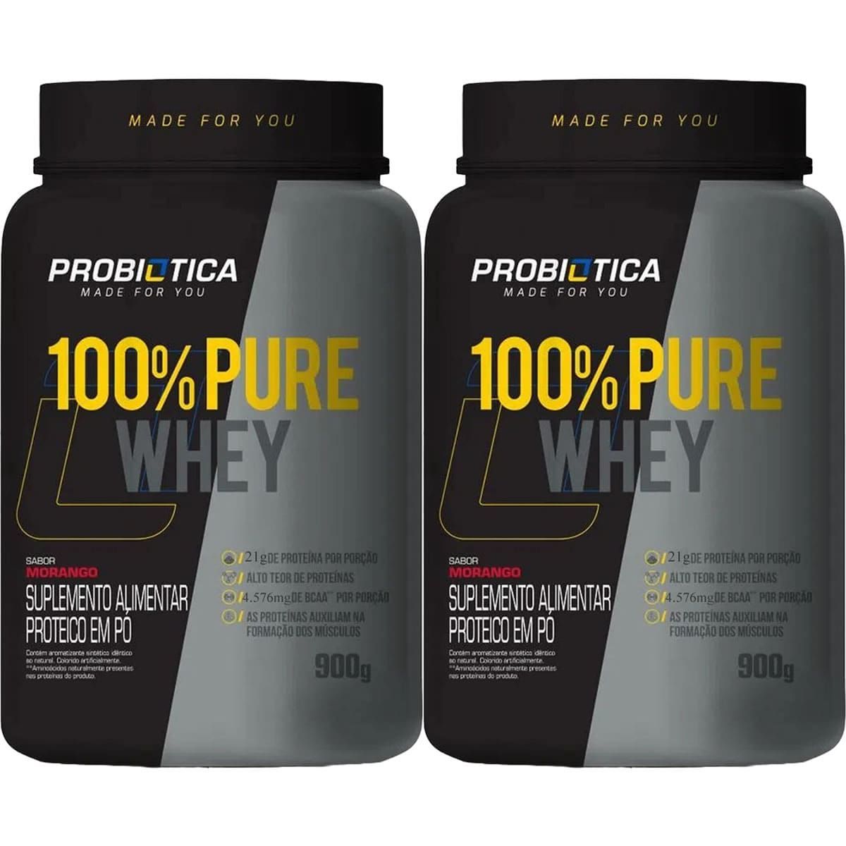 Kit 2X 100% Pure Whey Nova F�rmula - 900g Morango - Probi�tica