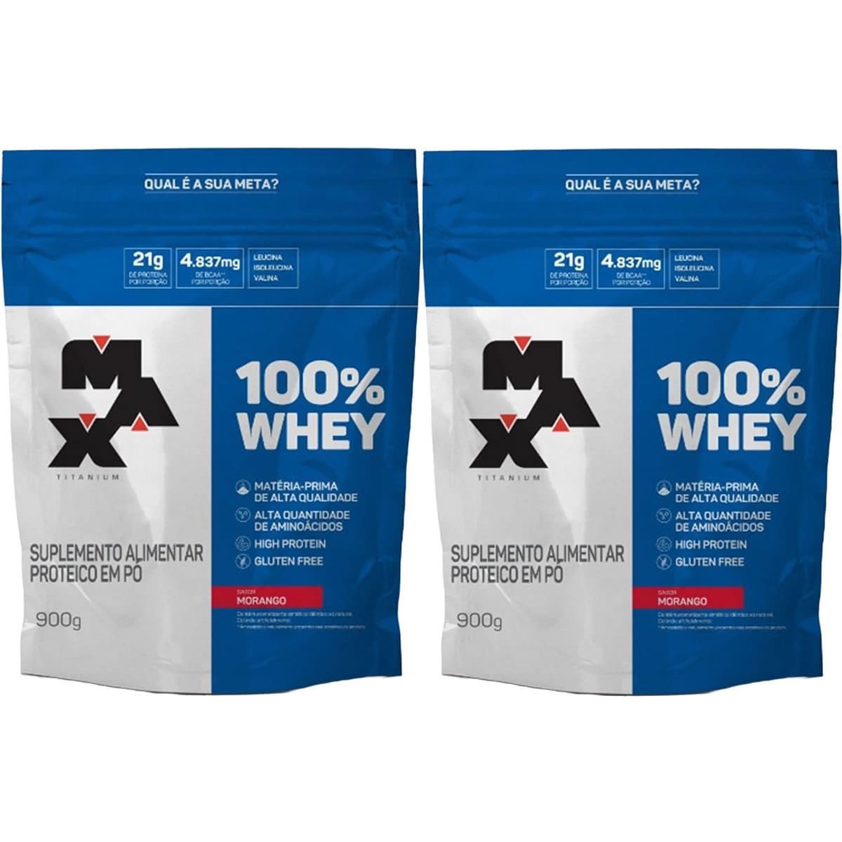 Kit 2X 100% Whey - 900g Refil Morango - Max Titanium
