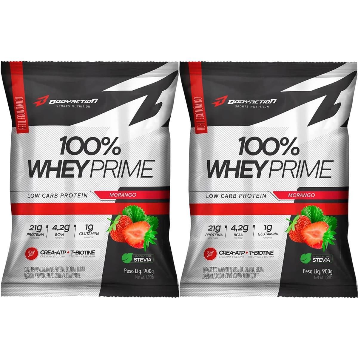 Kit 2X 100% Whey Prime - 900g Refil Morango - BodyAction