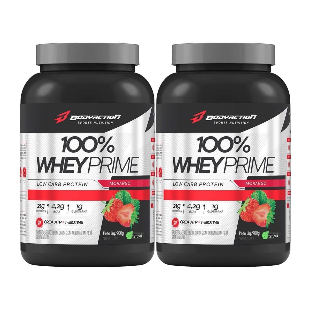 Kit 2X 100% Whey Prime Concentrado - 900g Morango - BodyAction