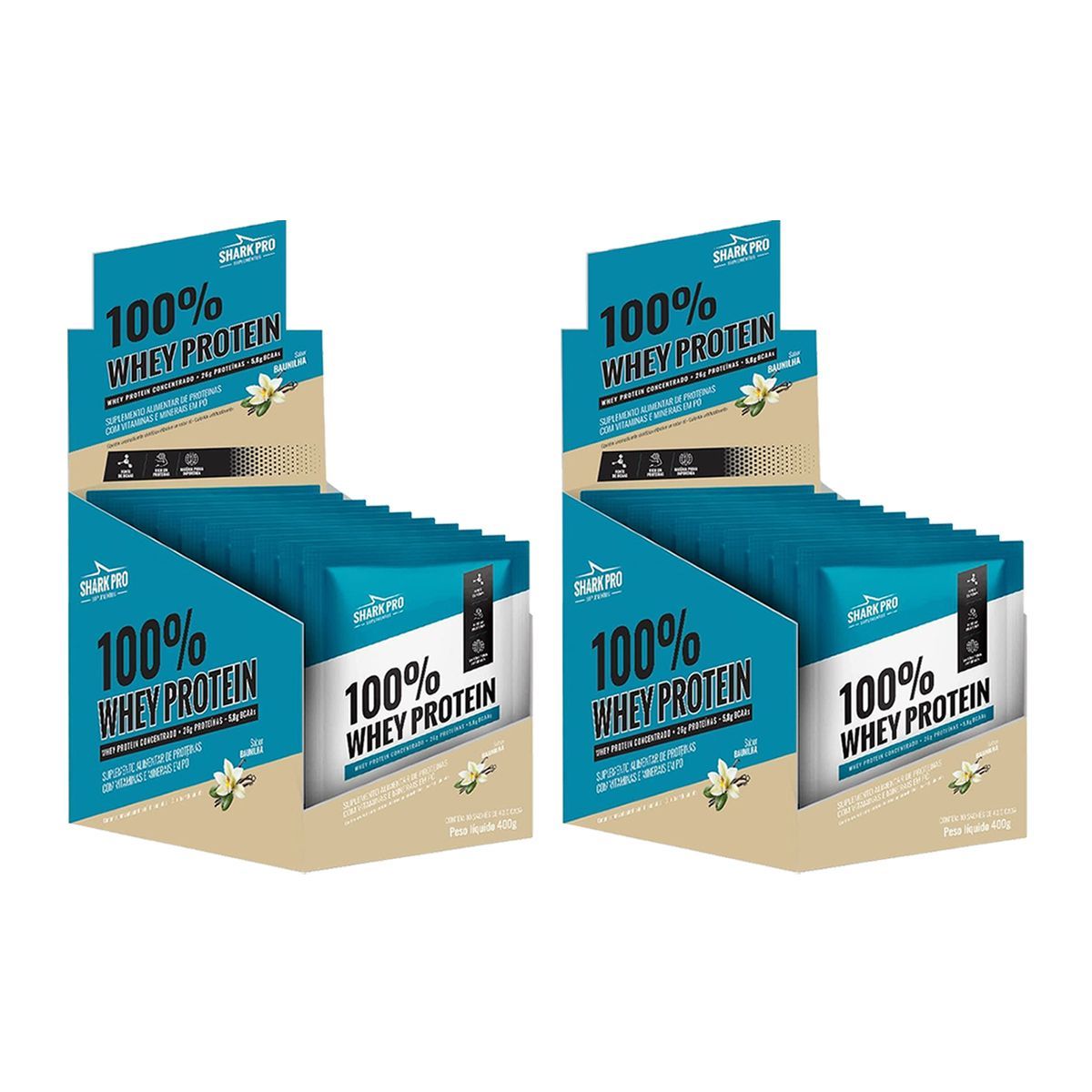 Kit 2X 100% Whey Protein - 10 Sach�s 40g Baunilha - Shark Pro
