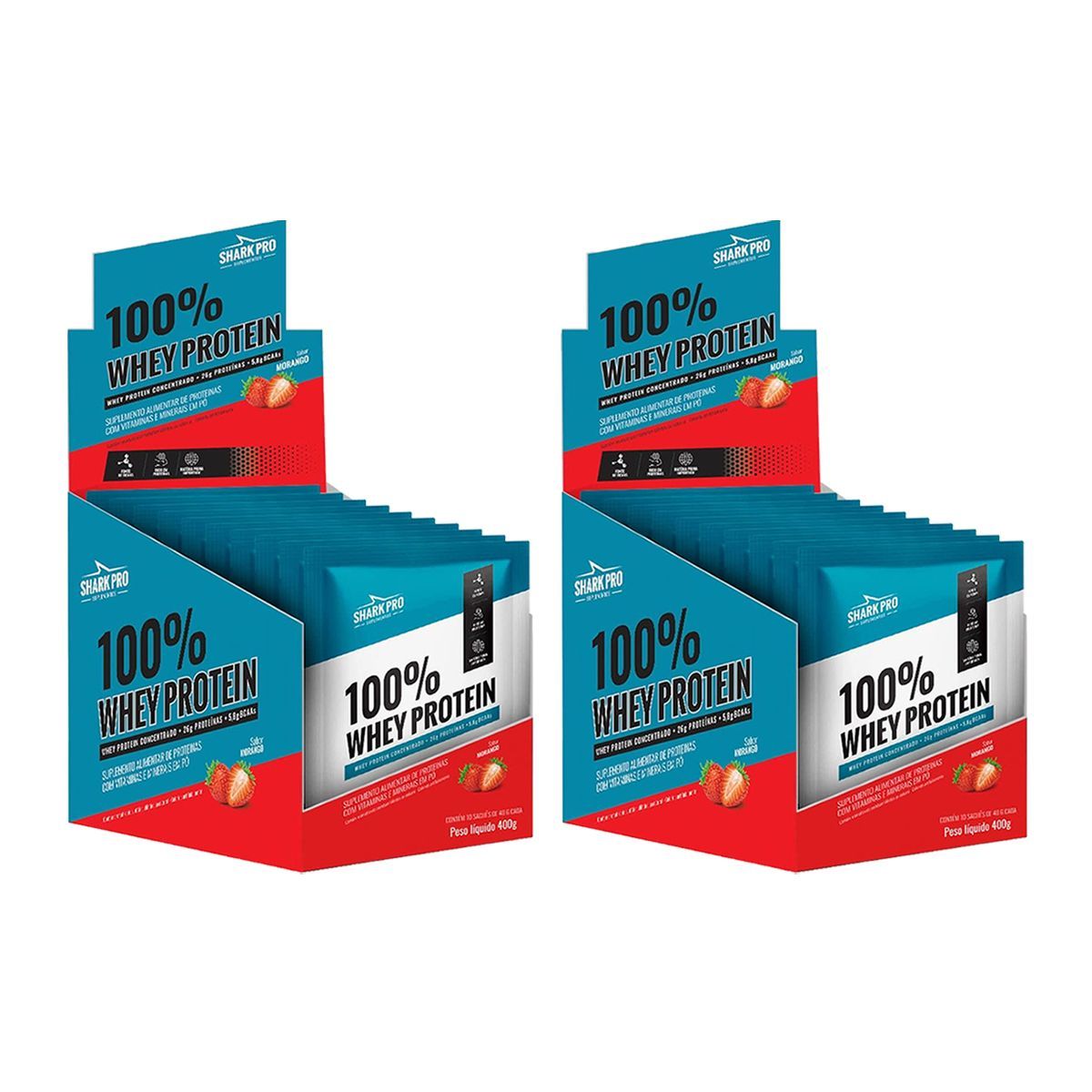 Kit 2X 100% Whey Protein - 10 Sach�s 40g Morango - Shark Pro