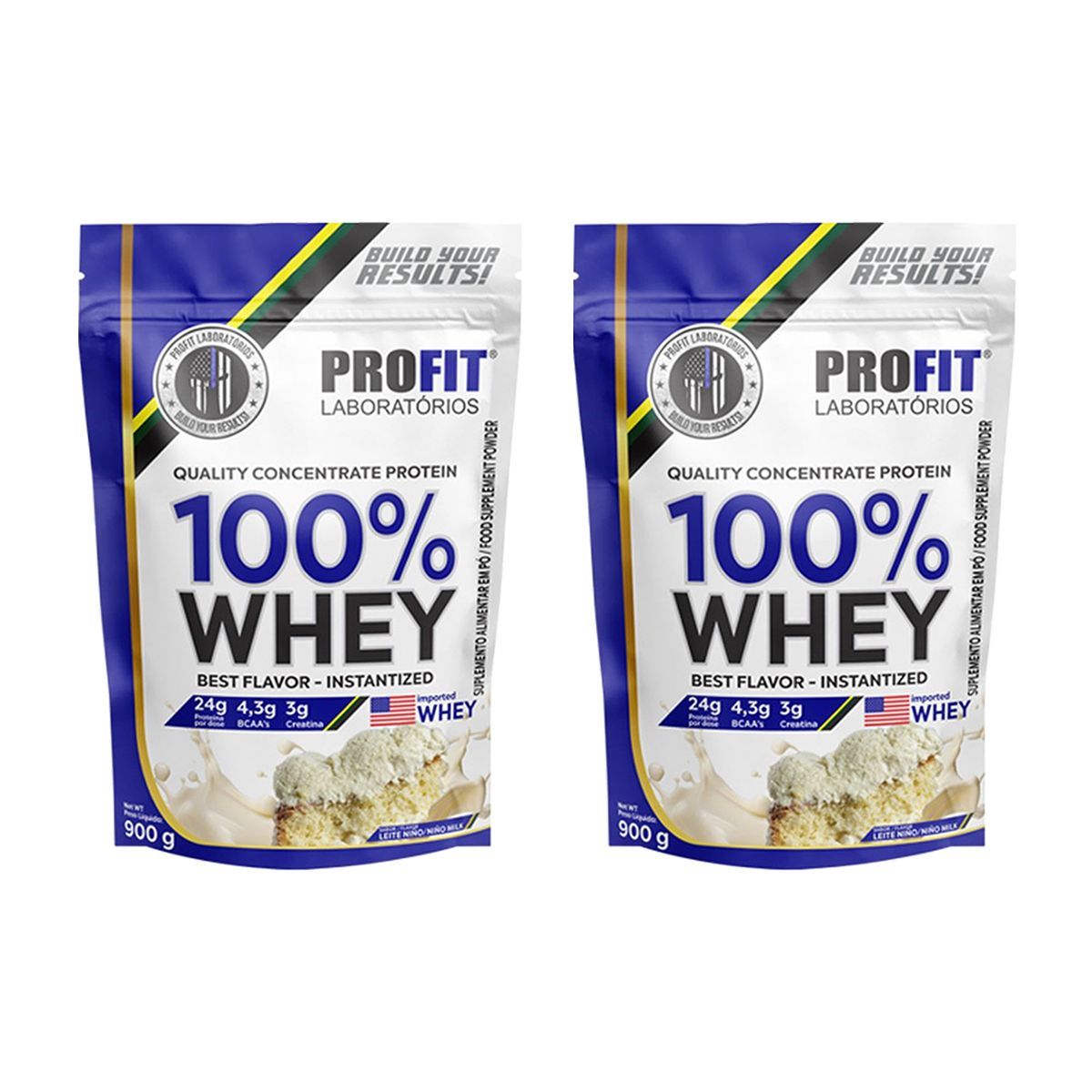 Kit 2X 100% Whey Quality Concentrate Protein - 900g Refil Leite Nino - Profit