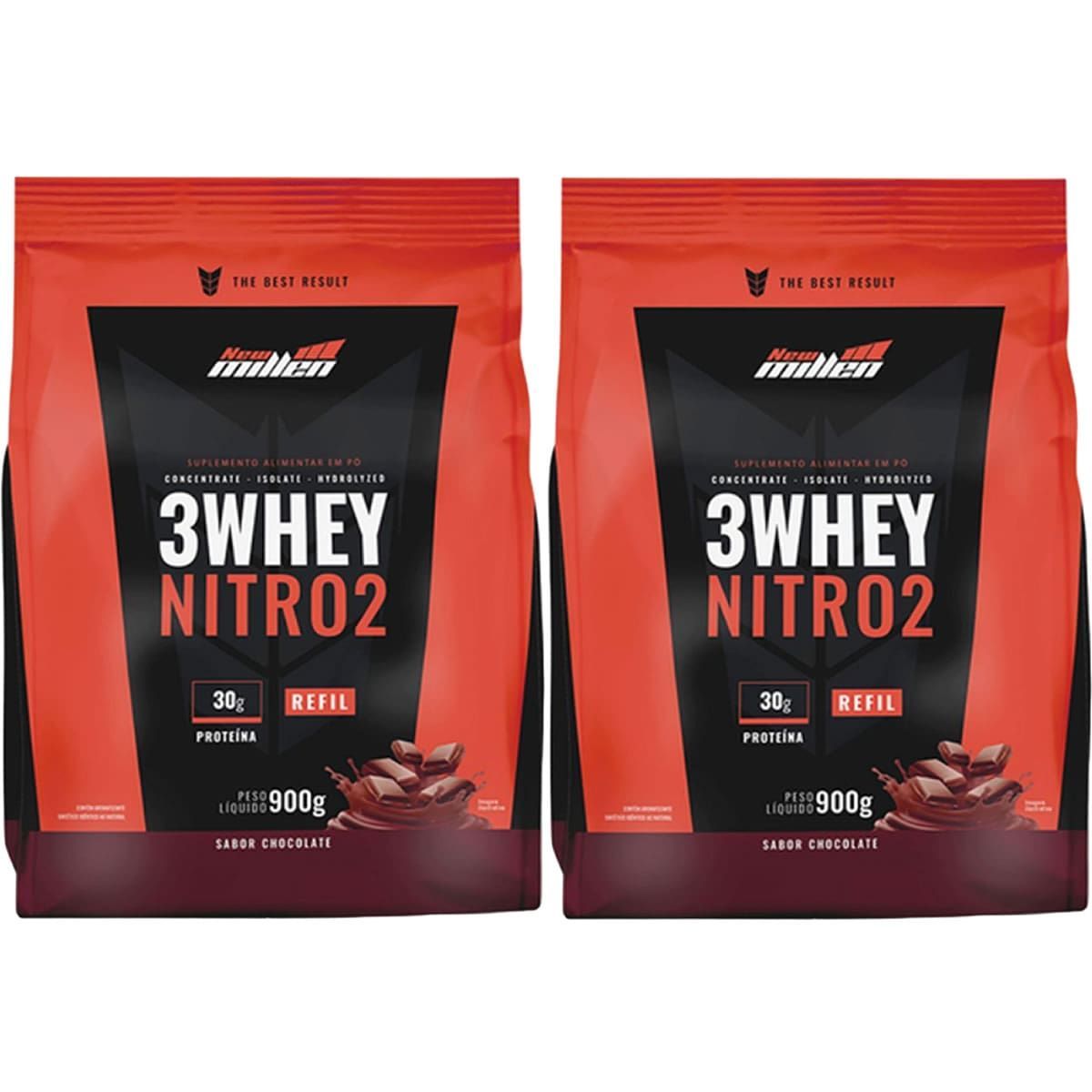 Kit 2X 3Whey Nitro 2 - 900g Refil Chocolate - New Millen