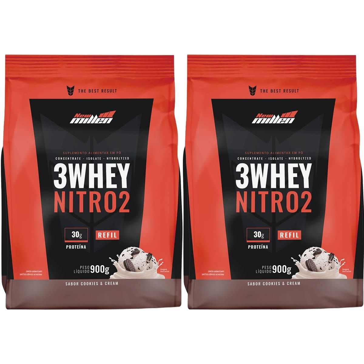 Kit 2X 3Whey Nitro 2 - 900g Refil Cookies e Cream  - New Millen