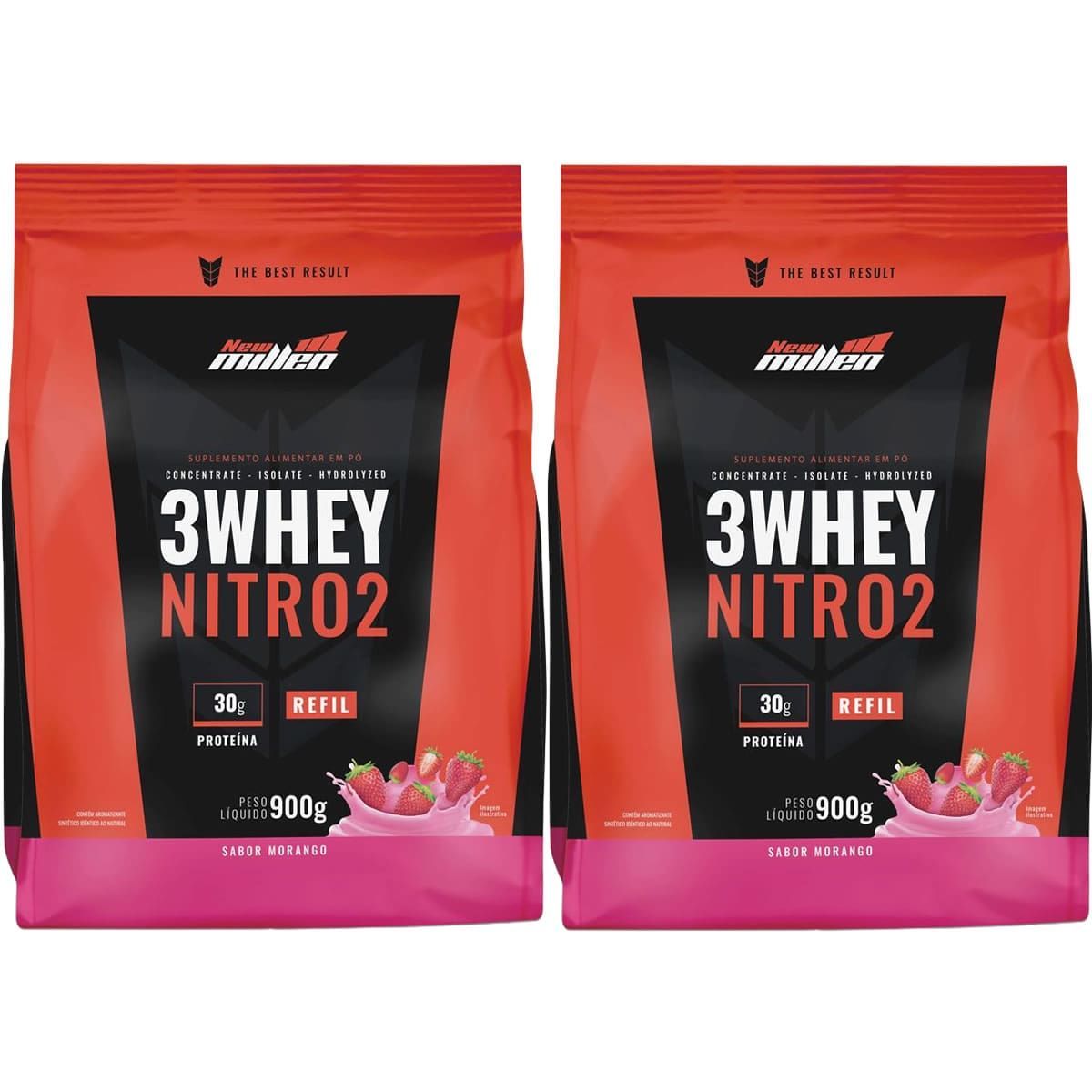 Kit 2X 3Whey Nitro 2 - 900g Refil Morango - New Millen