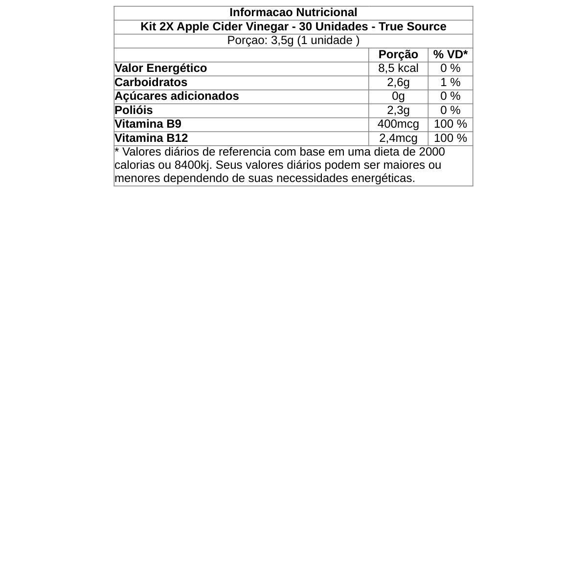 Kit 2X Apple Cider Vinegar - 30 Unidades - True Source