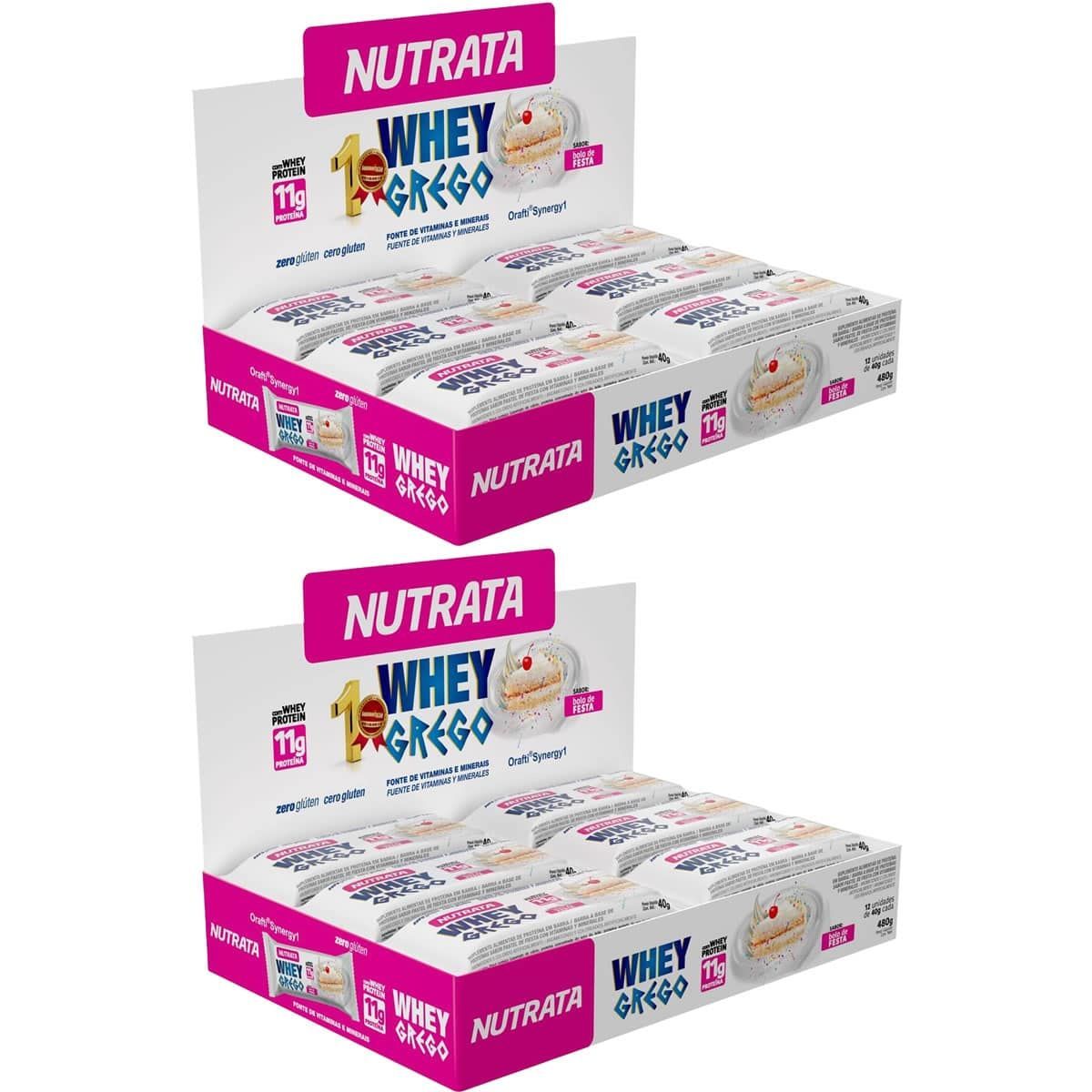Kit 2X Barra Whey Grego Bar - 12 Unidades de 40g Bolo de Festa - Nutrata