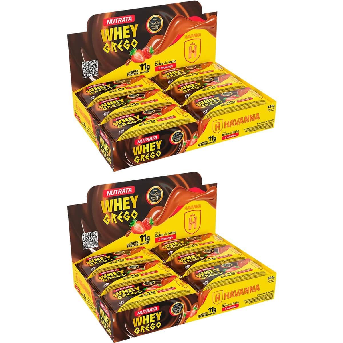 Kit 2X Barra Whey Grego Bar - 12 Unidades de 40g Dulce de Leche Havanna e Morango - Nutrata