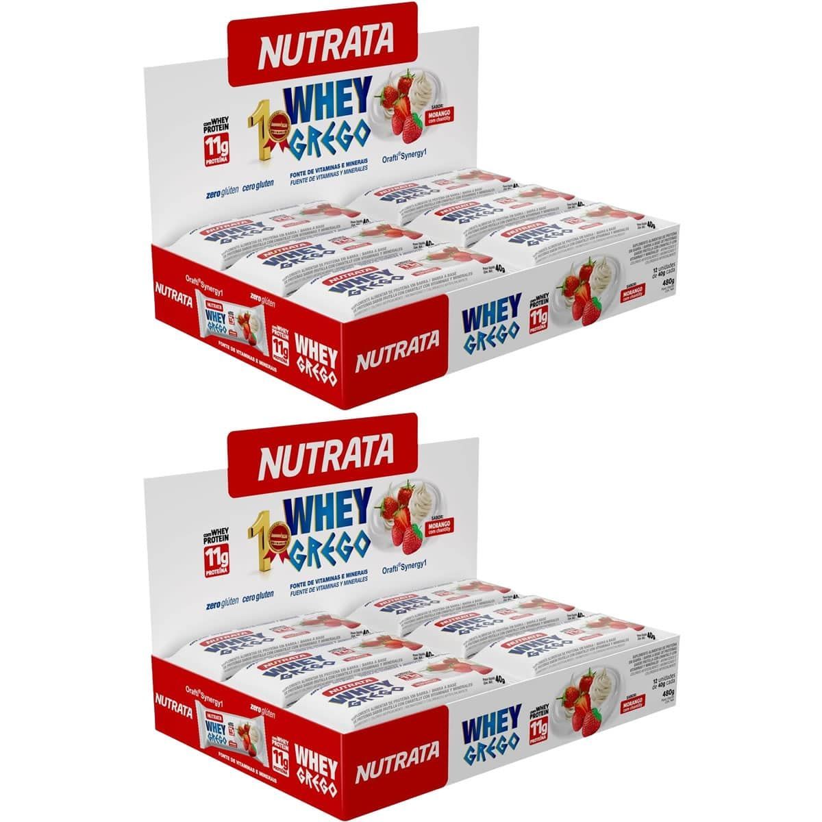 Kit 2X Barra Whey Grego Bar - 12 Unidades de 40g Morango com Chantilly - Nutrata