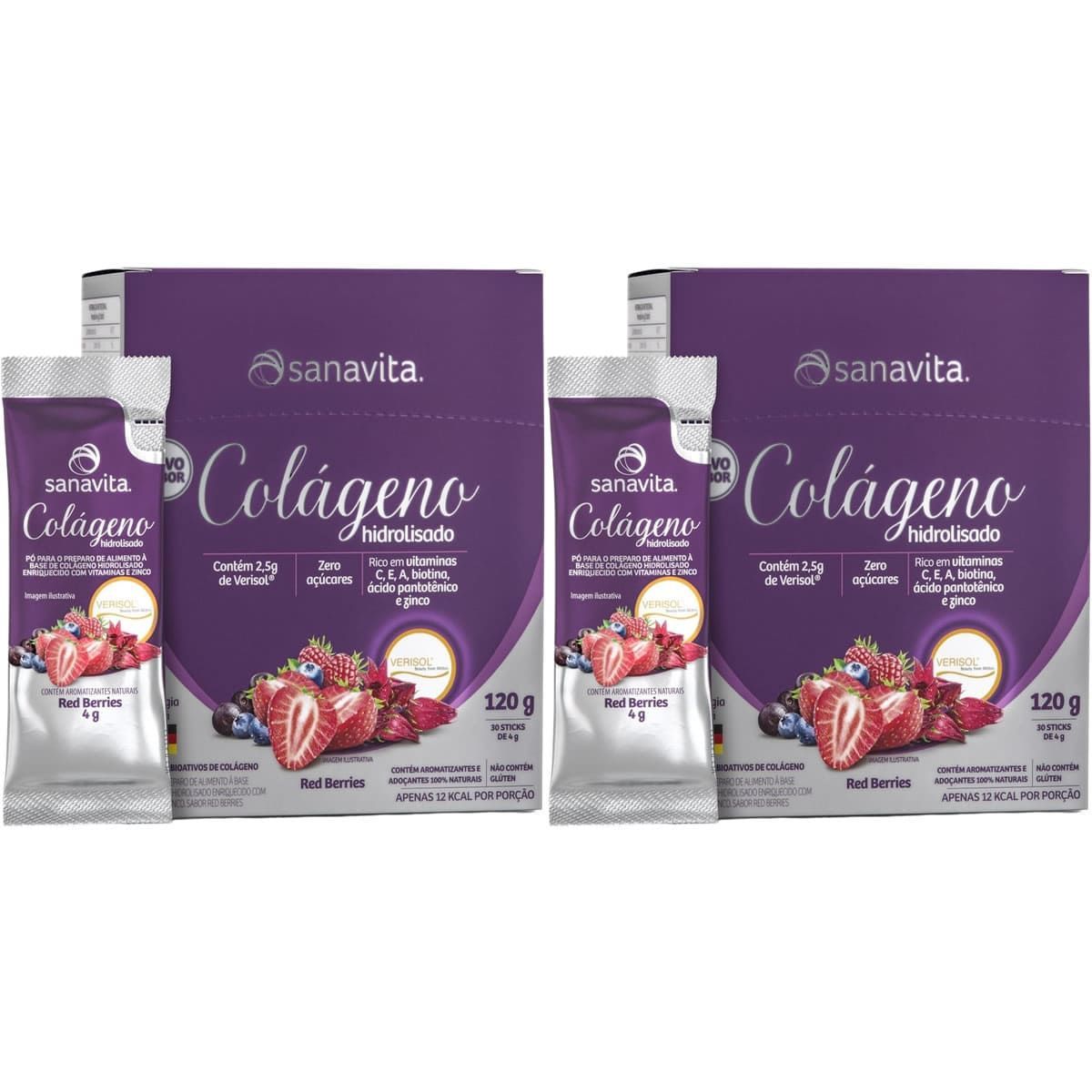 Kit 2X Col�geno Verisol Hidrolisado - 30 Sticke de 4g Red Berries - Sanavita