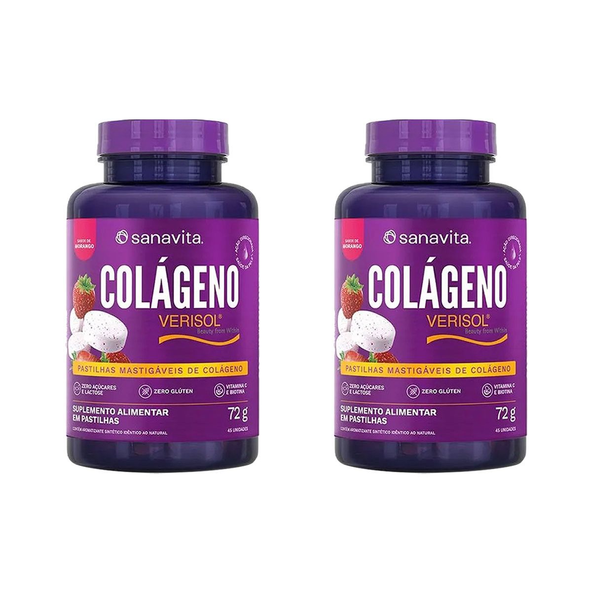 Kit 2X Col�geno Verisol Mastig�vel - 45 Pastilhas Morango - Sanavita