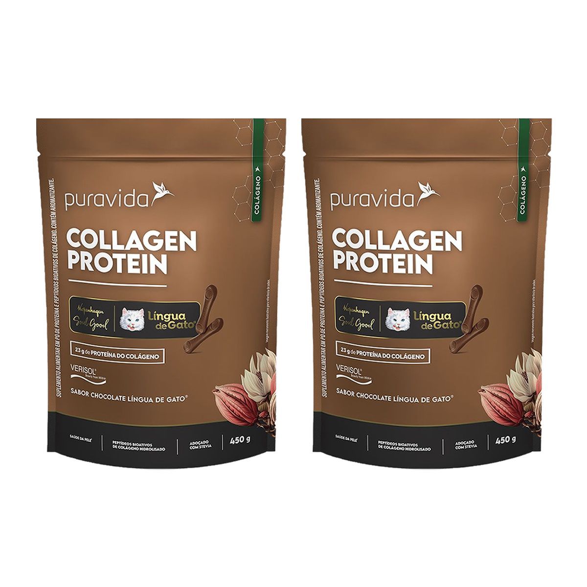 Kit 2X Collagen Protein - Refil 450g Lingua de Gato - Puravida