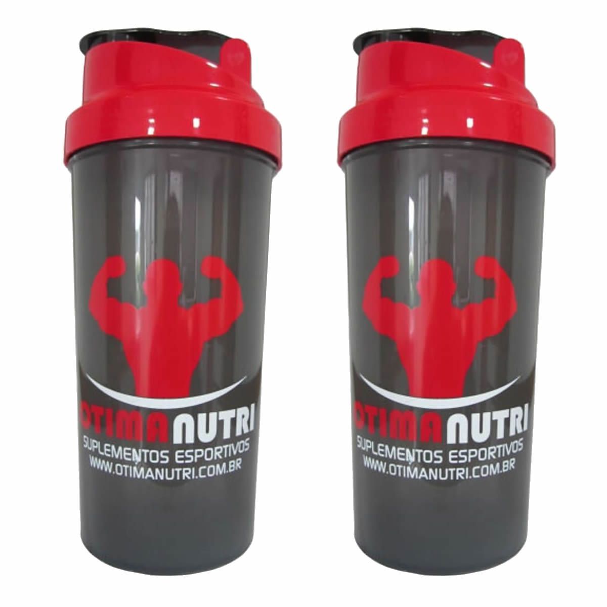 Kit 2X Coqueteleira Slim - 600ml Preto Tampa Vermelha - OtimaNutri