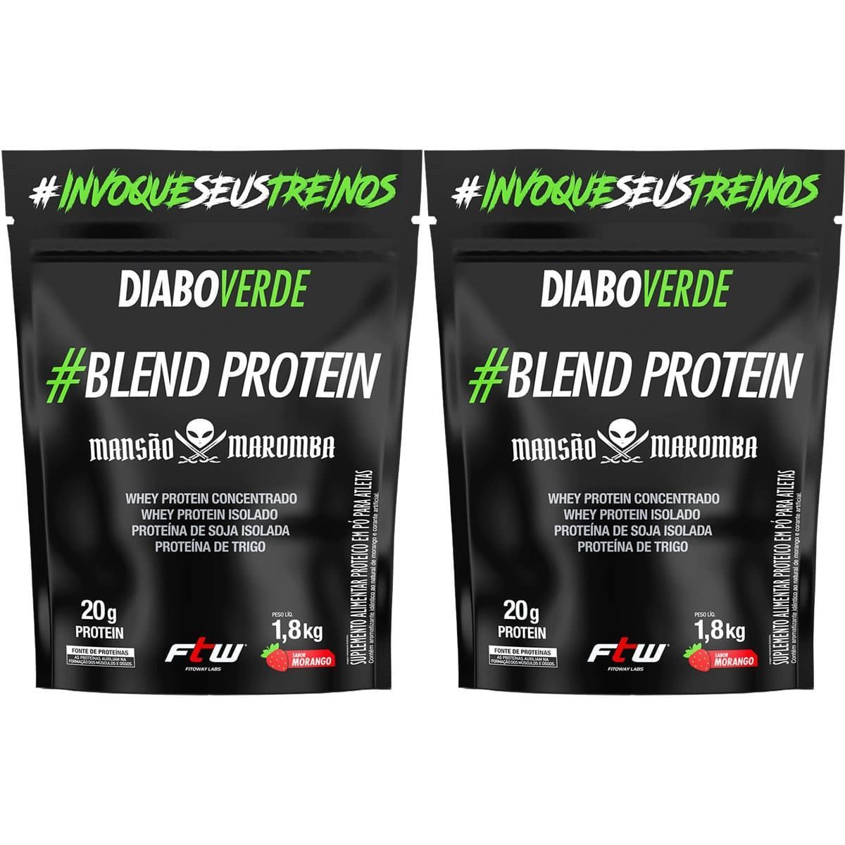 Kit 2X Diabo Verde Blend Protein Mans�o Maromba - 1800g Refil Morango - FTW