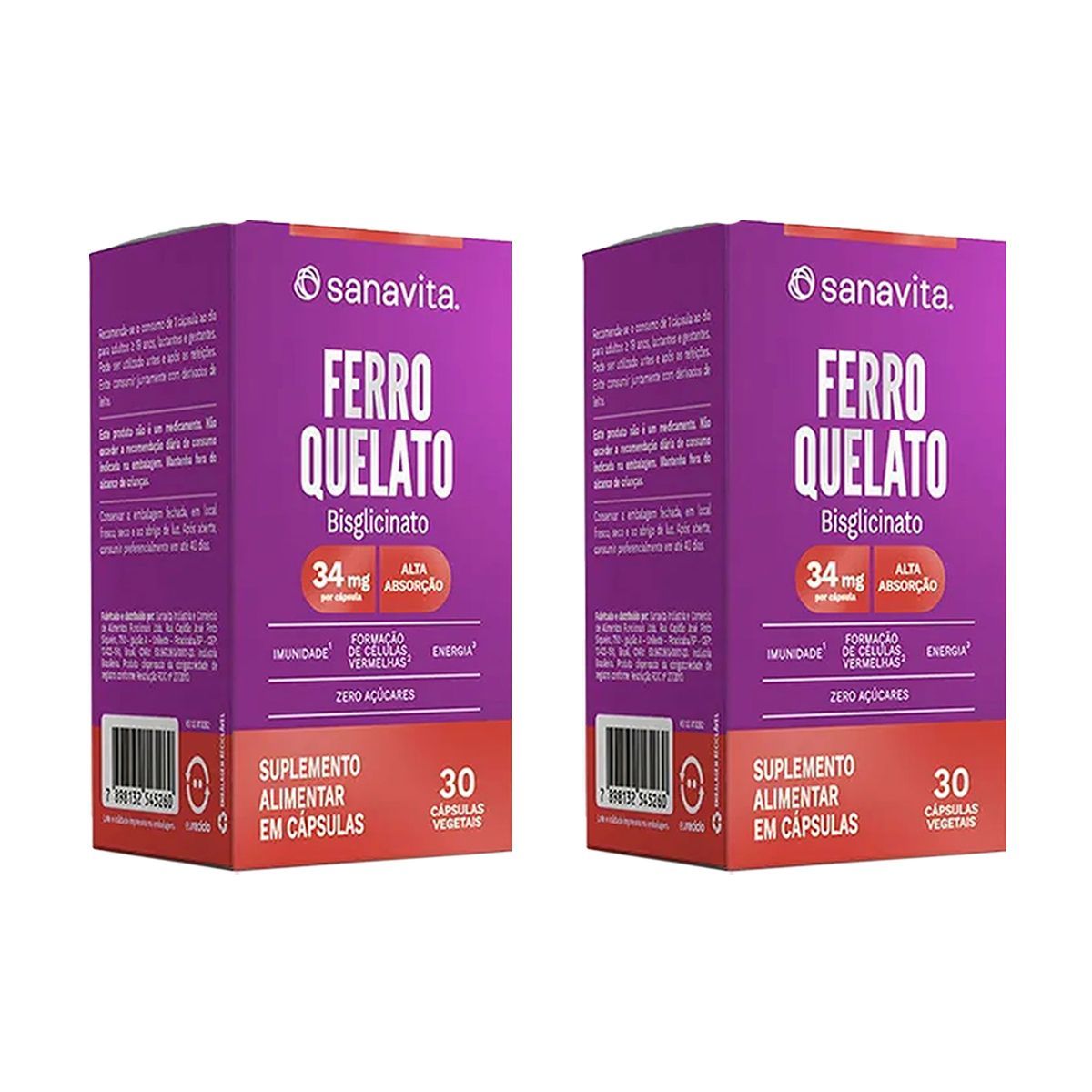 Kit 2X Ferro Quelato Bisglicinato - 30 C�psulas Vegetais - Sanavita