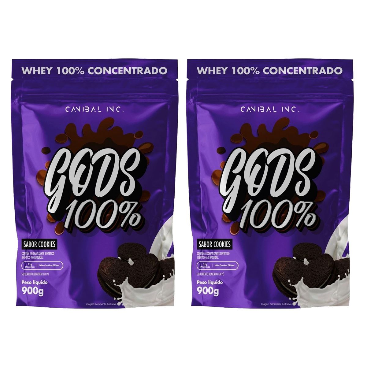 Kit 2X Gods Whey 100% - 900g Refil Cookies - Canibal
