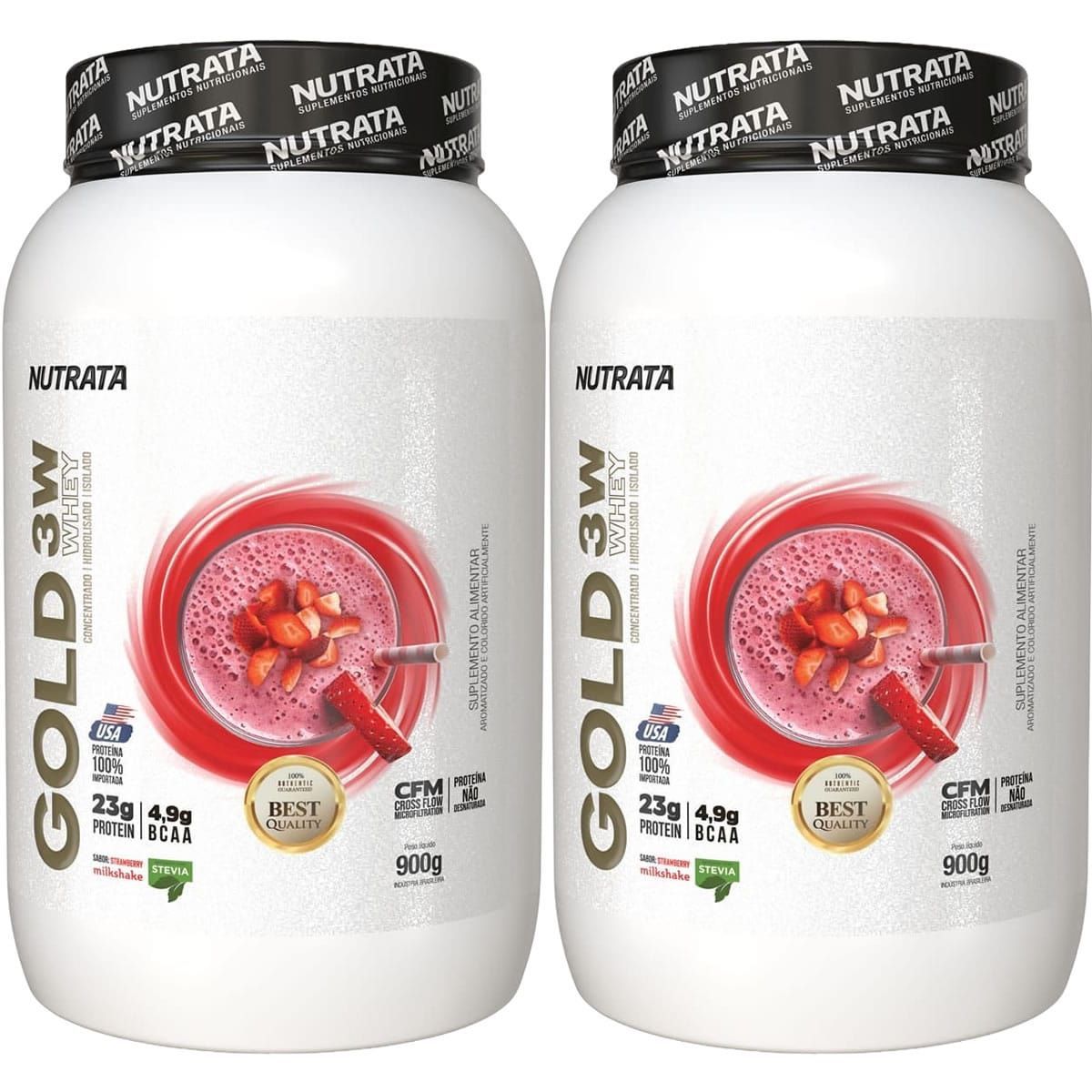 Kit 2X Gold Whey 3W - 900g MilkShake de Morango - Nutrata