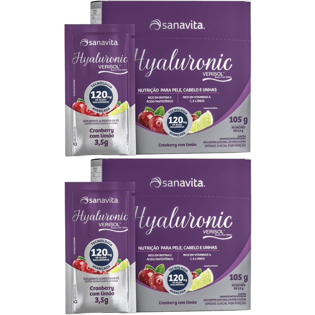 Kit 2X Hyaluronic Verisol 120mg - 30 Sticks de 3,5g Cranberry com Lim�o - Sanavita